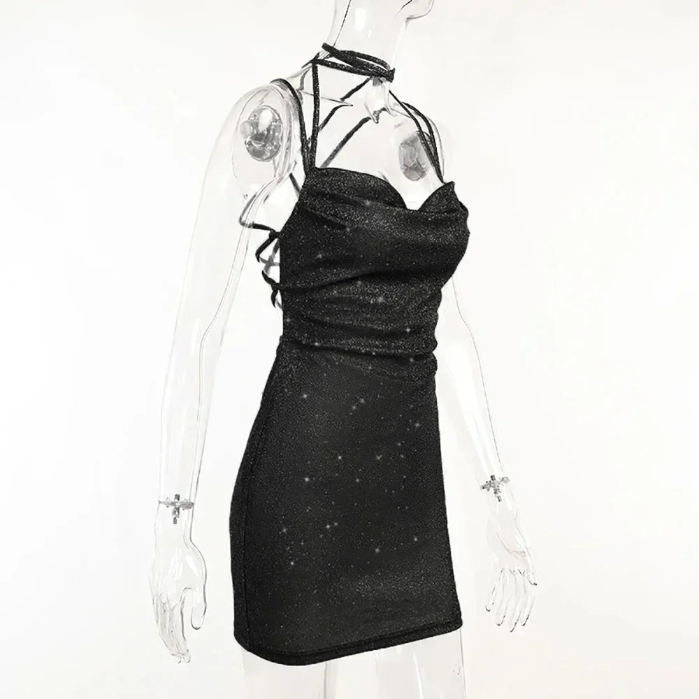 Sexy 90s Cowl-Neck Rave Dress - Glitter Y2K Clubwear