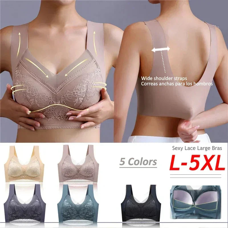 Lace bra with wide shoulder straps shown on a person, with color options displayed below.