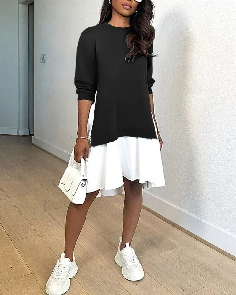 Ruched Long Sleeve A-Line Midi Dress
