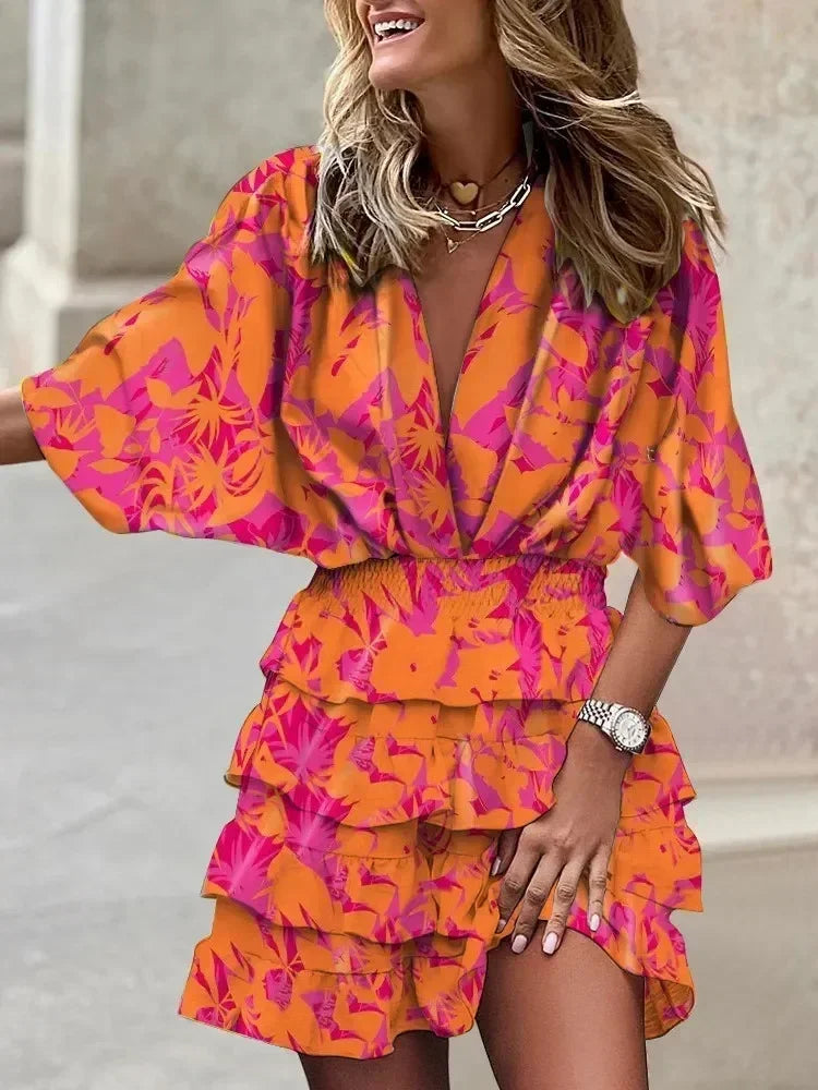Batwing Sleeve Tiered Ruffle Mini Dress