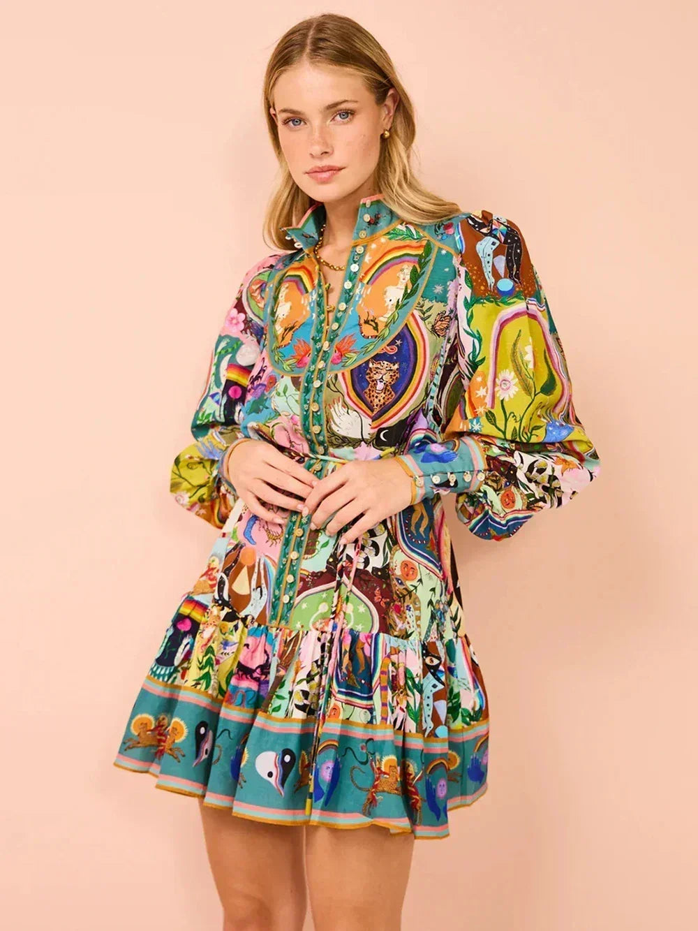 Printed Puff Sleeve Pleated Ruffle Dress