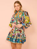 Printed Puff Sleeve Pleated Ruffle Dress