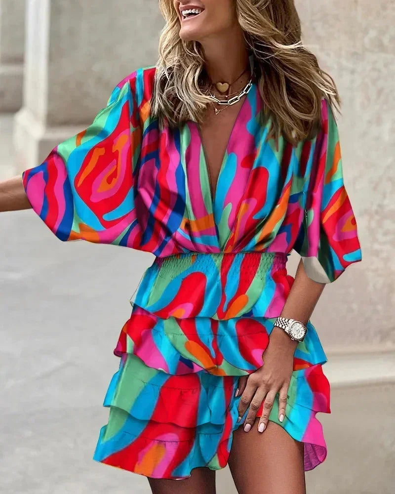 Batwing Sleeve Tiered Ruffle Mini Dress