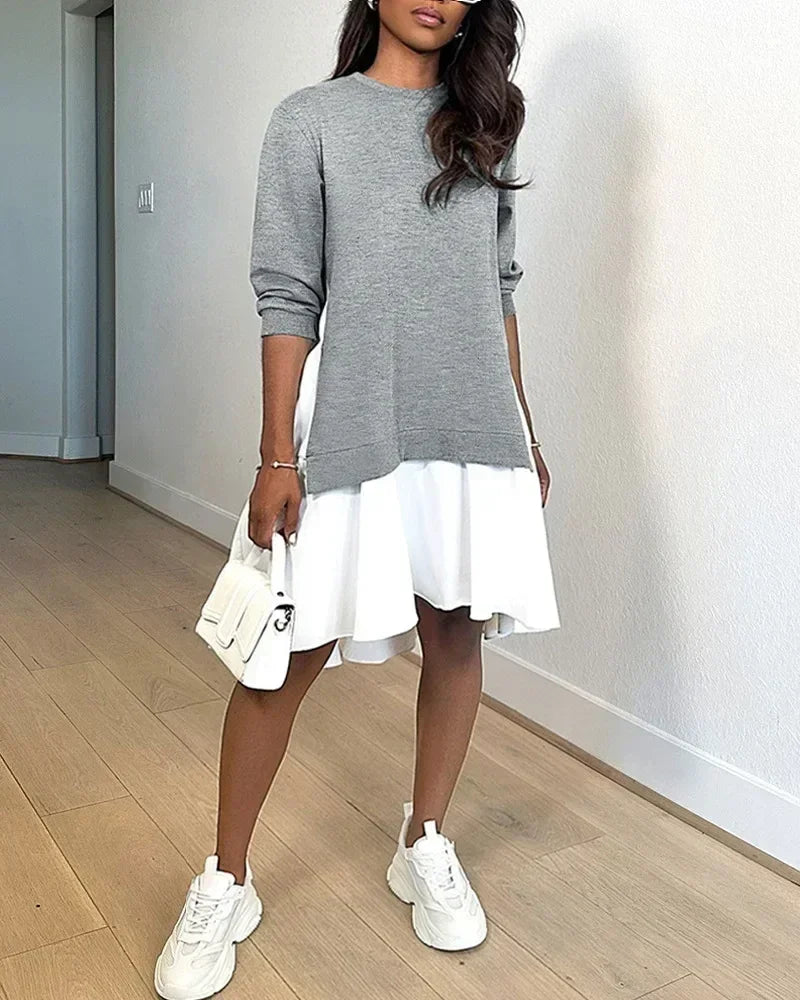 Ruched Long Sleeve A-Line Midi Dress