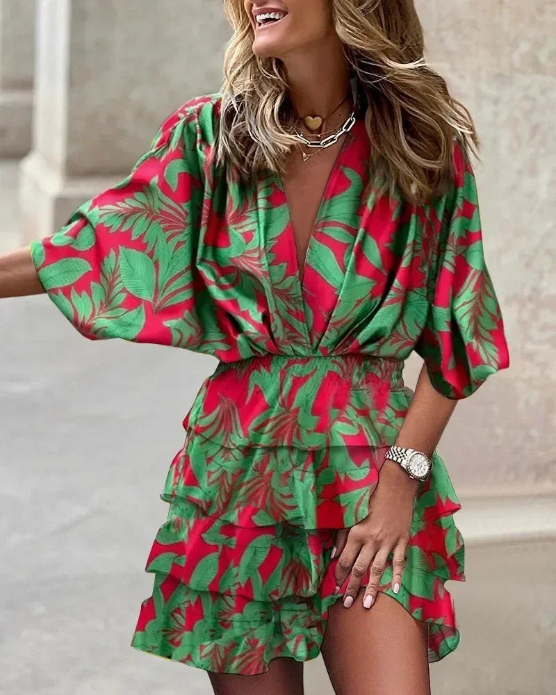 Batwing Sleeve Tiered Ruffle Mini Dress