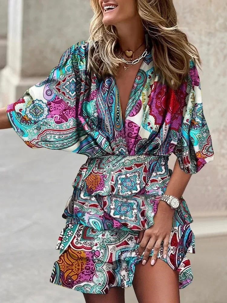 Batwing Sleeve Tiered Ruffle Mini Dress