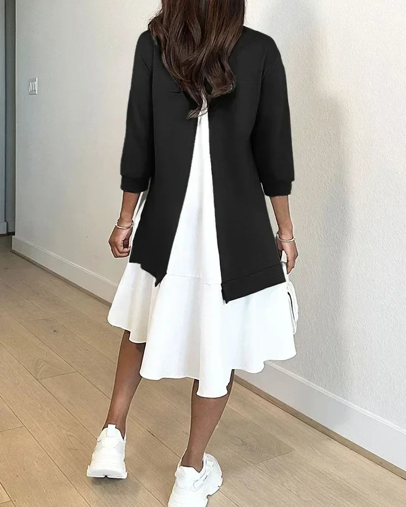 Ruched Long Sleeve A-Line Midi Dress