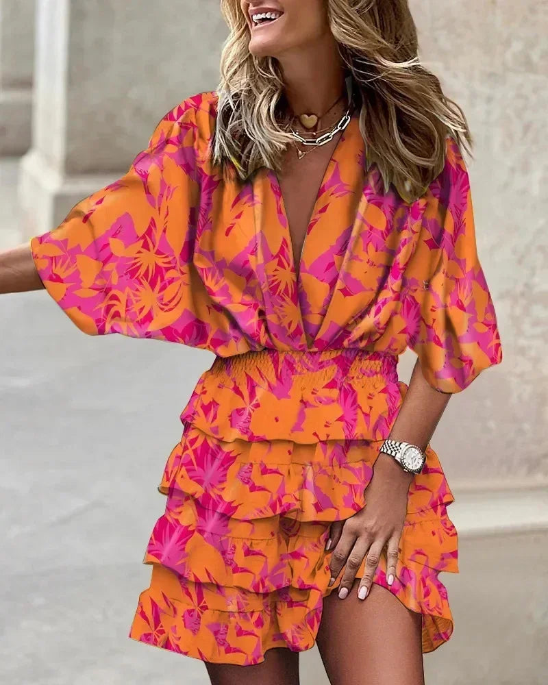 Batwing Sleeve Tiered Ruffle Mini Dress