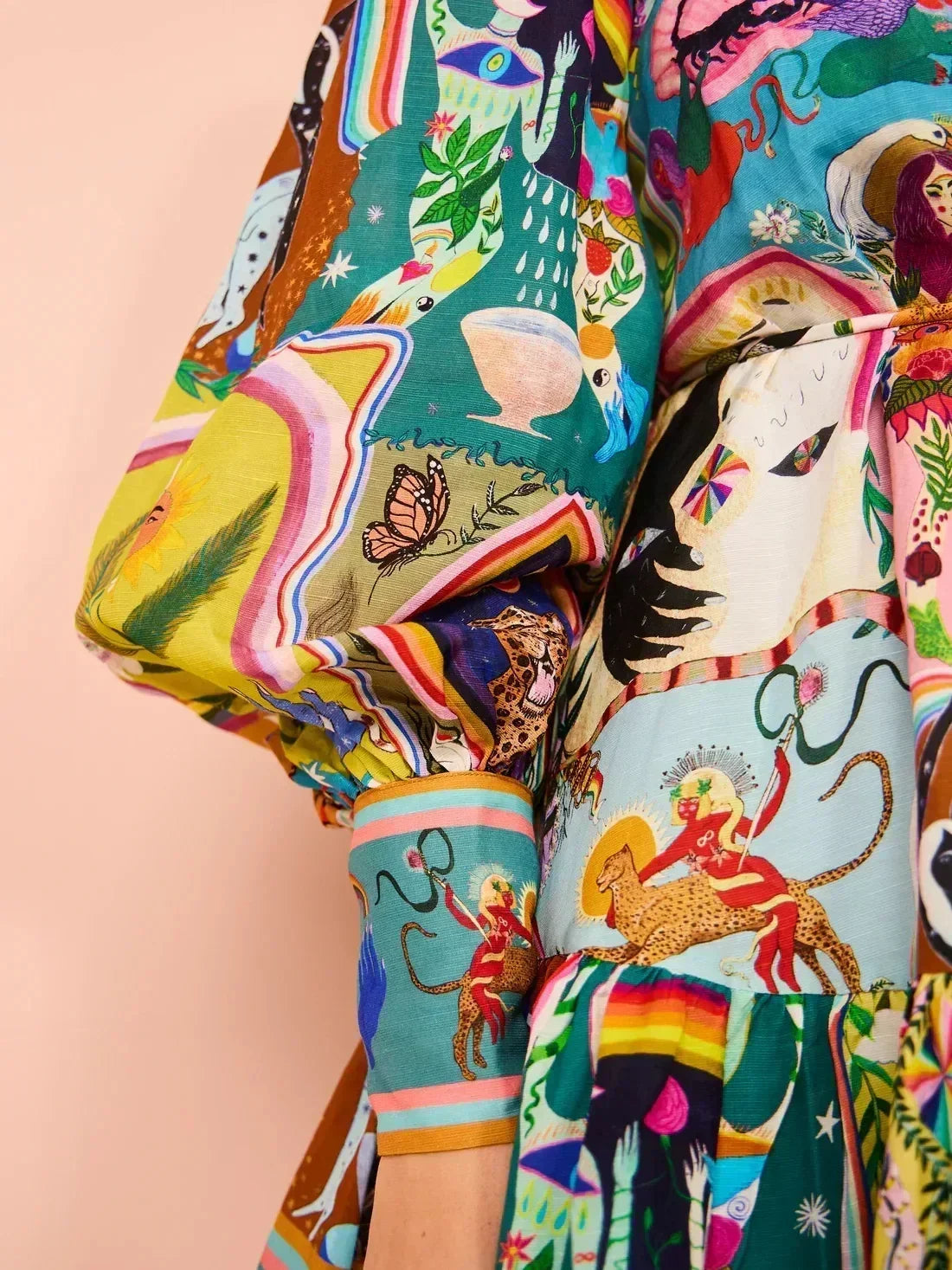Printed Puff Sleeve Pleated Ruffle Dress