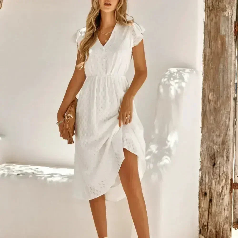 Women V-Neck Ruffle Sleeve Summer Dress