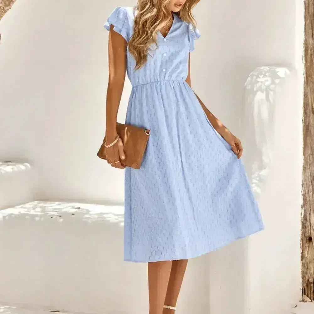 Women V-Neck Ruffle Sleeve Summer Dress