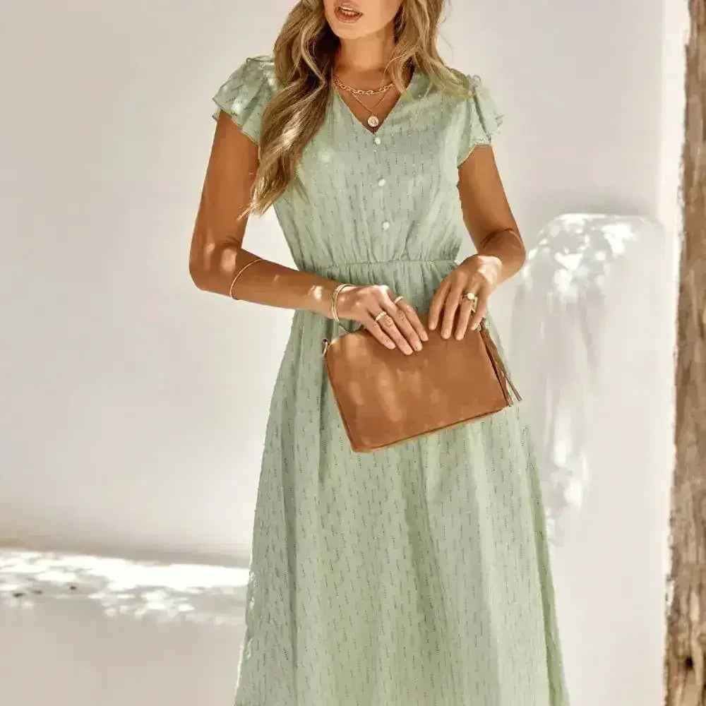 Women V-Neck Ruffle Sleeve Summer Dress