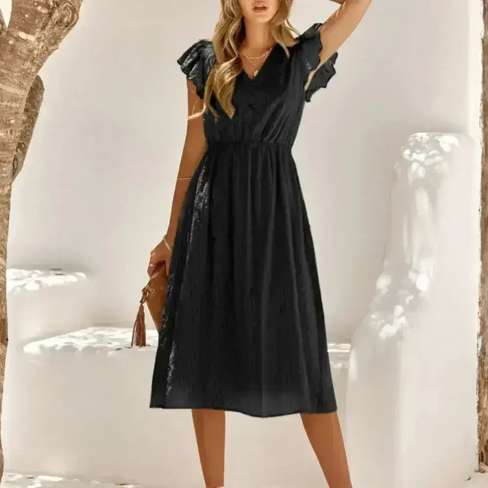 Women V-Neck Ruffle Sleeve Summer Dress