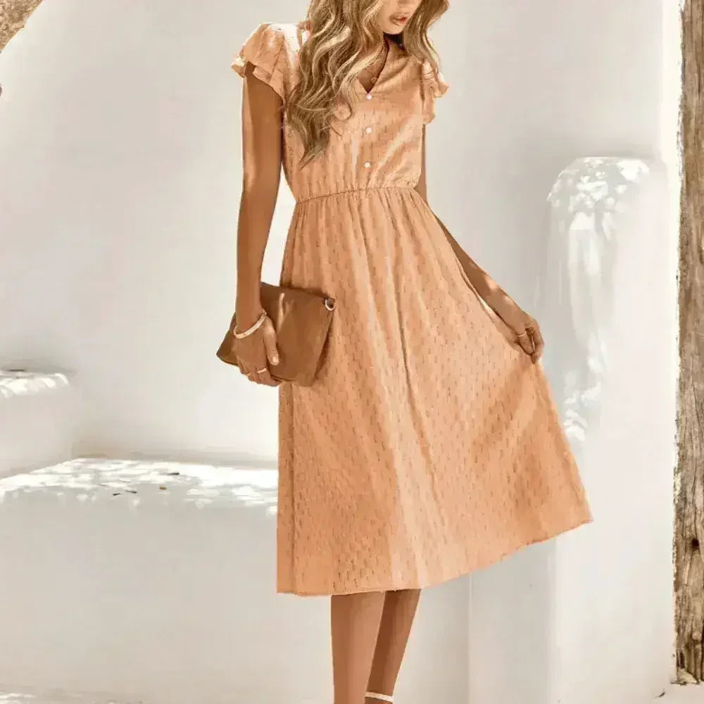 Women V-Neck Ruffle Sleeve Summer Dress