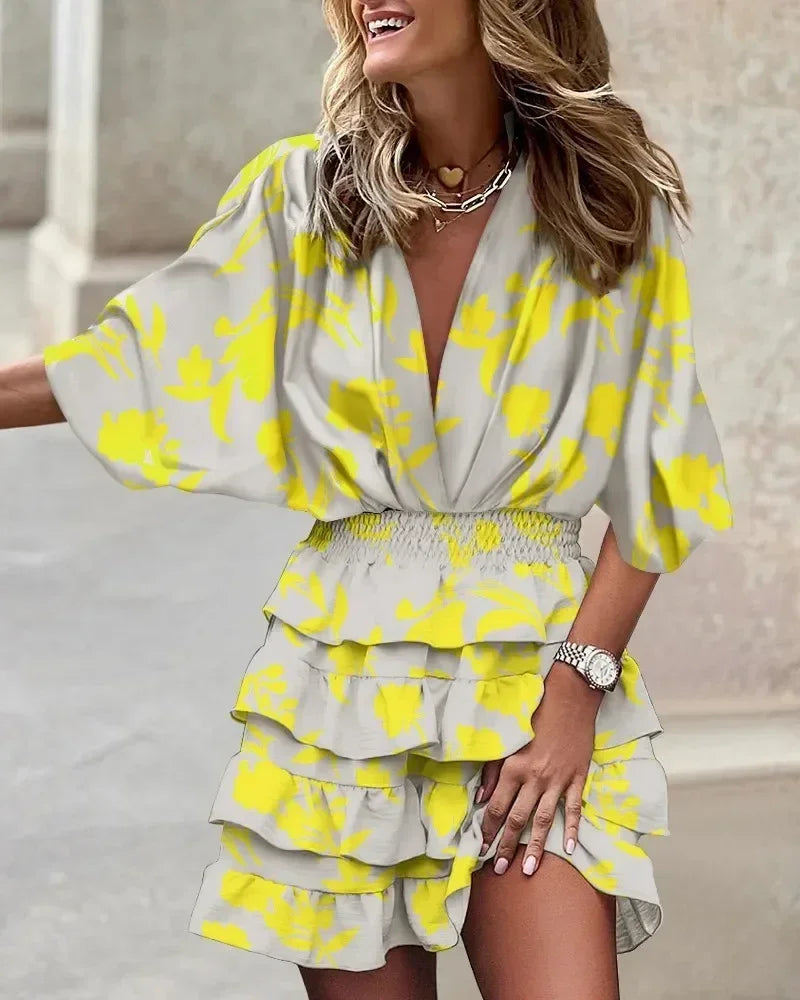Batwing Sleeve Tiered Ruffle Mini Dress