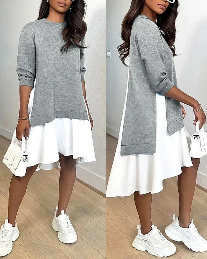 Ruched Long Sleeve A-Line Midi Dress