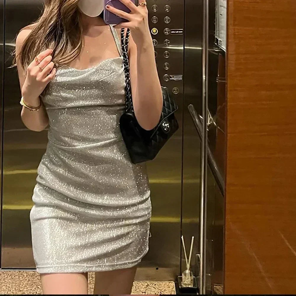 Sexy 90s Cowl-Neck Rave Dress - Glitter Y2K Clubwear