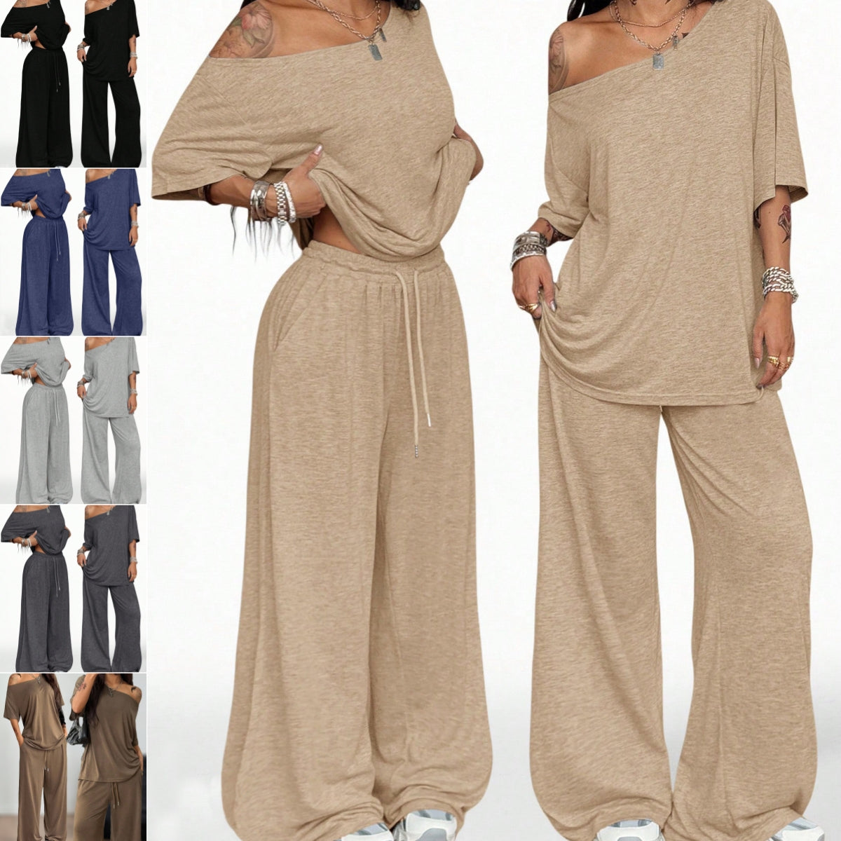 Beige off-shoulder top and wide-leg pants with multiple color options displayed.