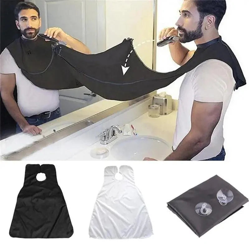 Man using a black bib to protect his clothes while shaving, with additional images of the bib in black and white.