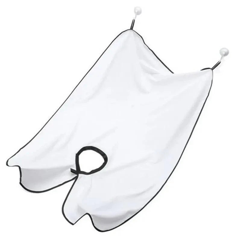 White fabric outlined in black with hole cut out for neck placement and with two white suction cups on the opposite end on a white background