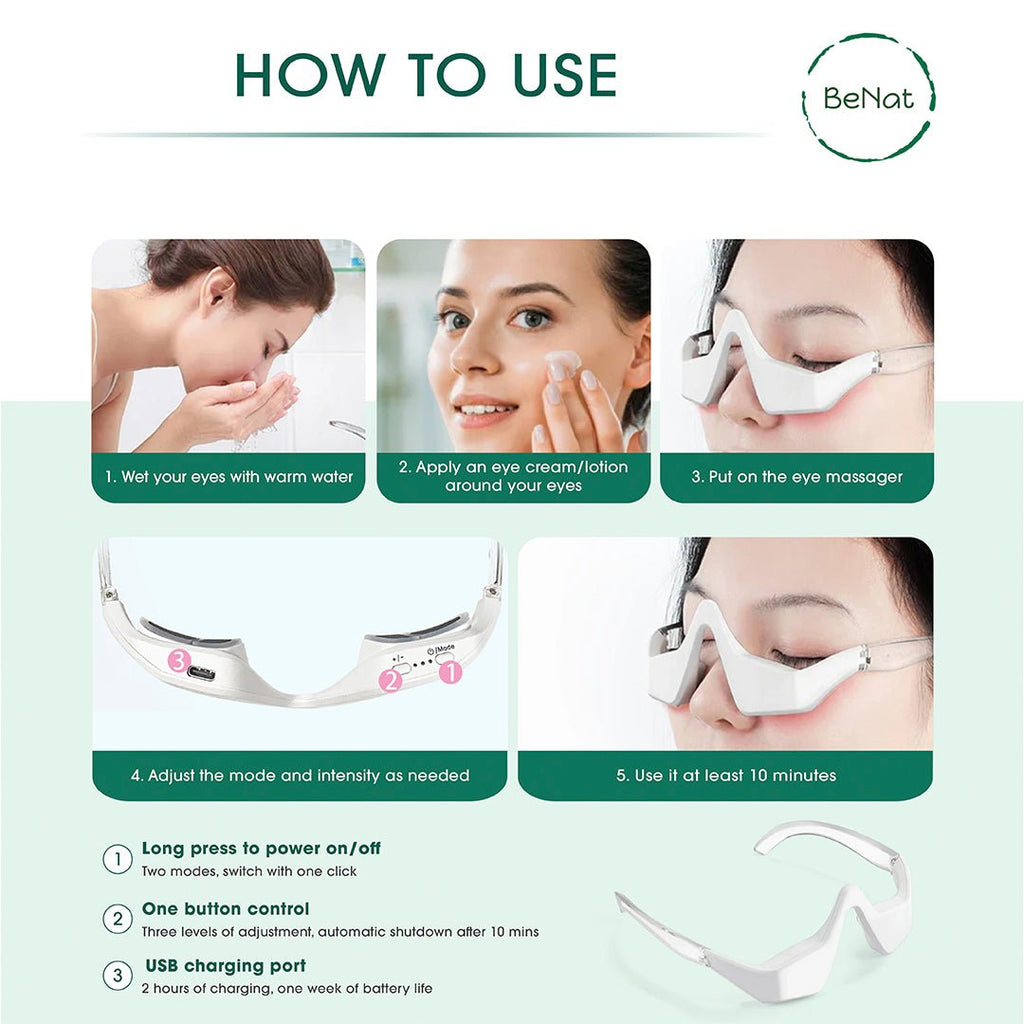 Instructions on how to use under eye red light therapy glasses with step-by-step images and text.