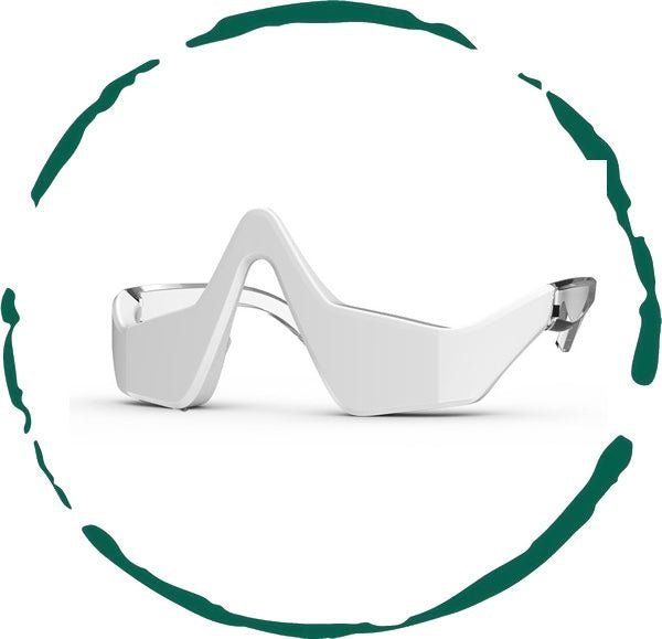 Under eye red light therapy glasses with a green circular design on a white background