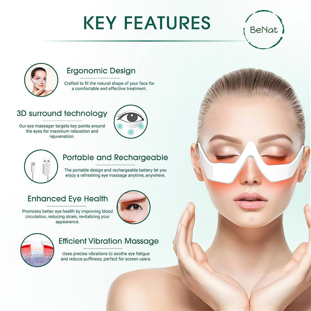 Under eye red light therapy glasses with key features highlighted on a white background
