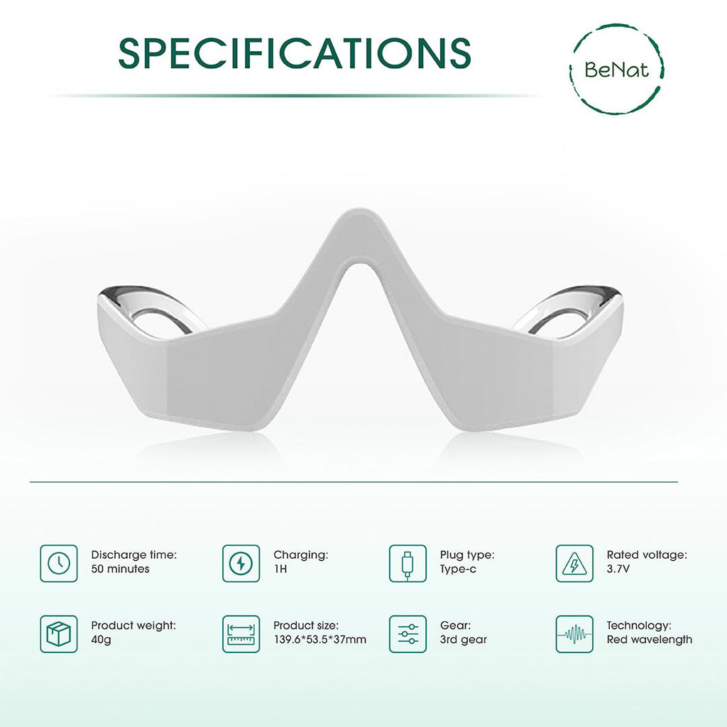 White under eye red light therapy glasses with specifications on a light green background