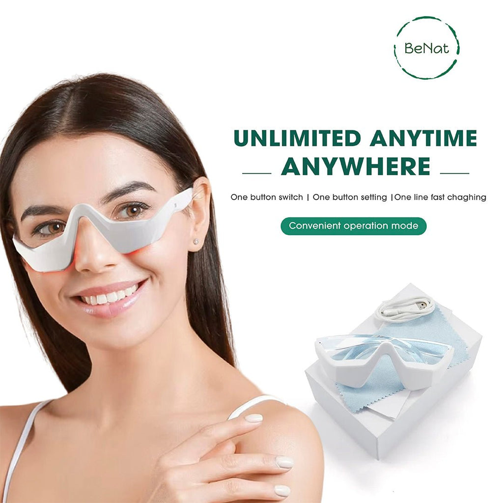 Woman wearing white under eye red light therapy glasses with 'BeNati' branding, product packaging in the background.