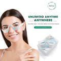 Woman wearing white under eye red light therapy glasses with 'BeNati' branding, product packaging in the background.